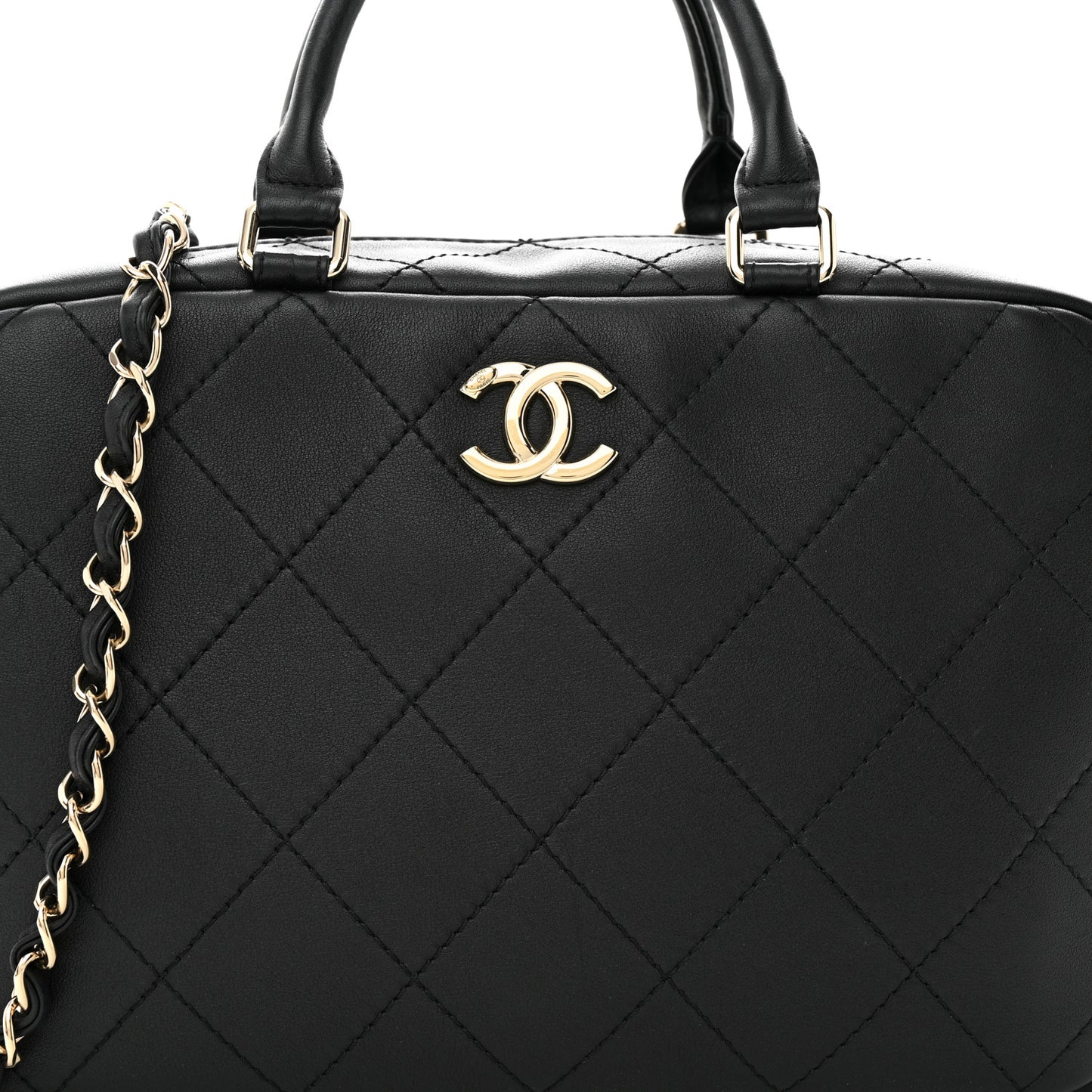 Calfskin Diamond Stitched Top Handle Bowling Bag Black