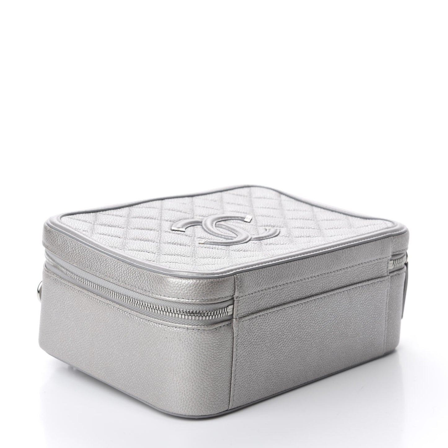 Metallic Caviar Quilted Large CC Filigree Vanity Case Silver
