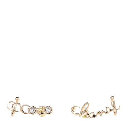 Chanel Metal Crystal Coco Script CC Climber Earrings Gold 1 of 5