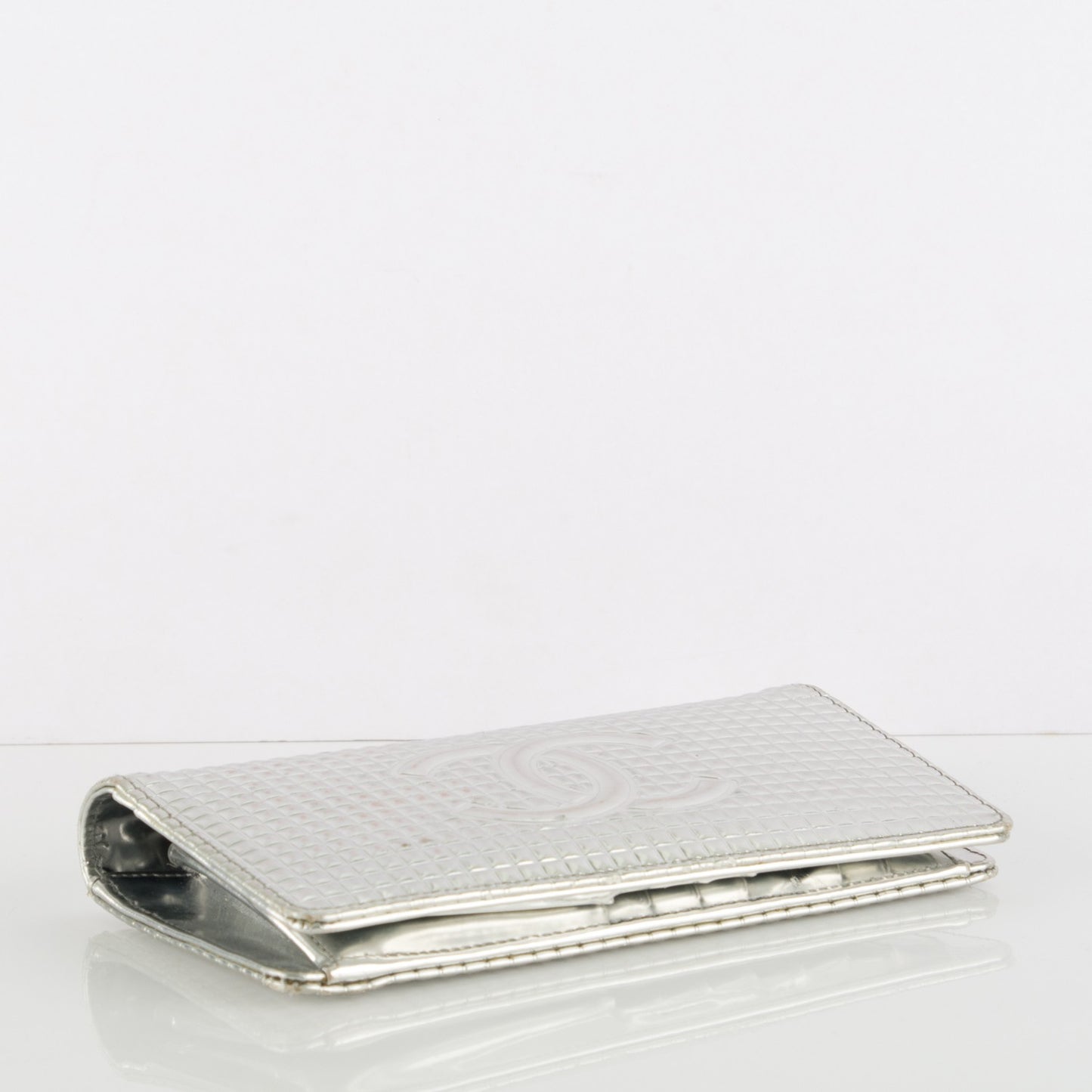 Patent Calfskin Embossed CC Yen Wallet Silver