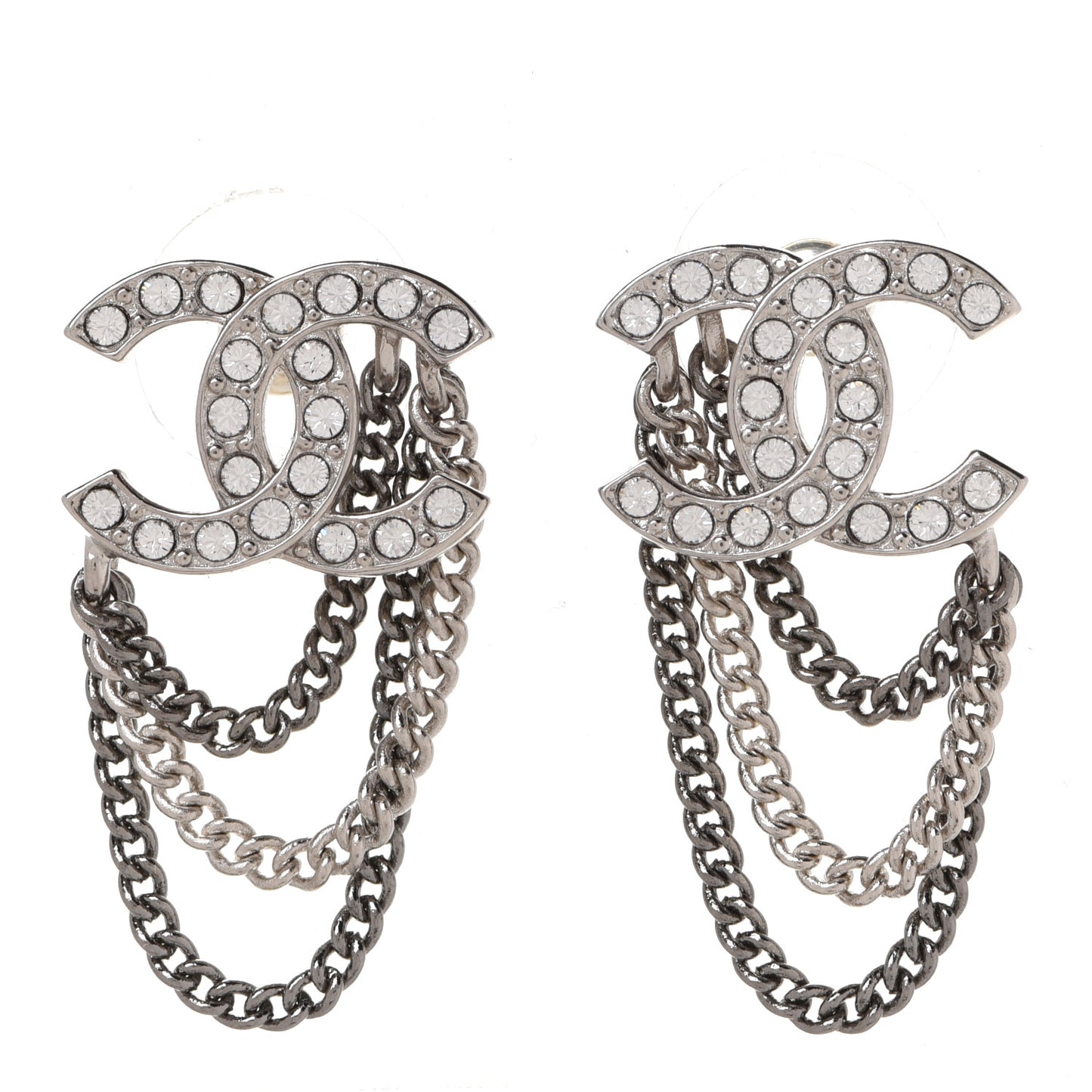 Crystal Chain CC Earrings Silver