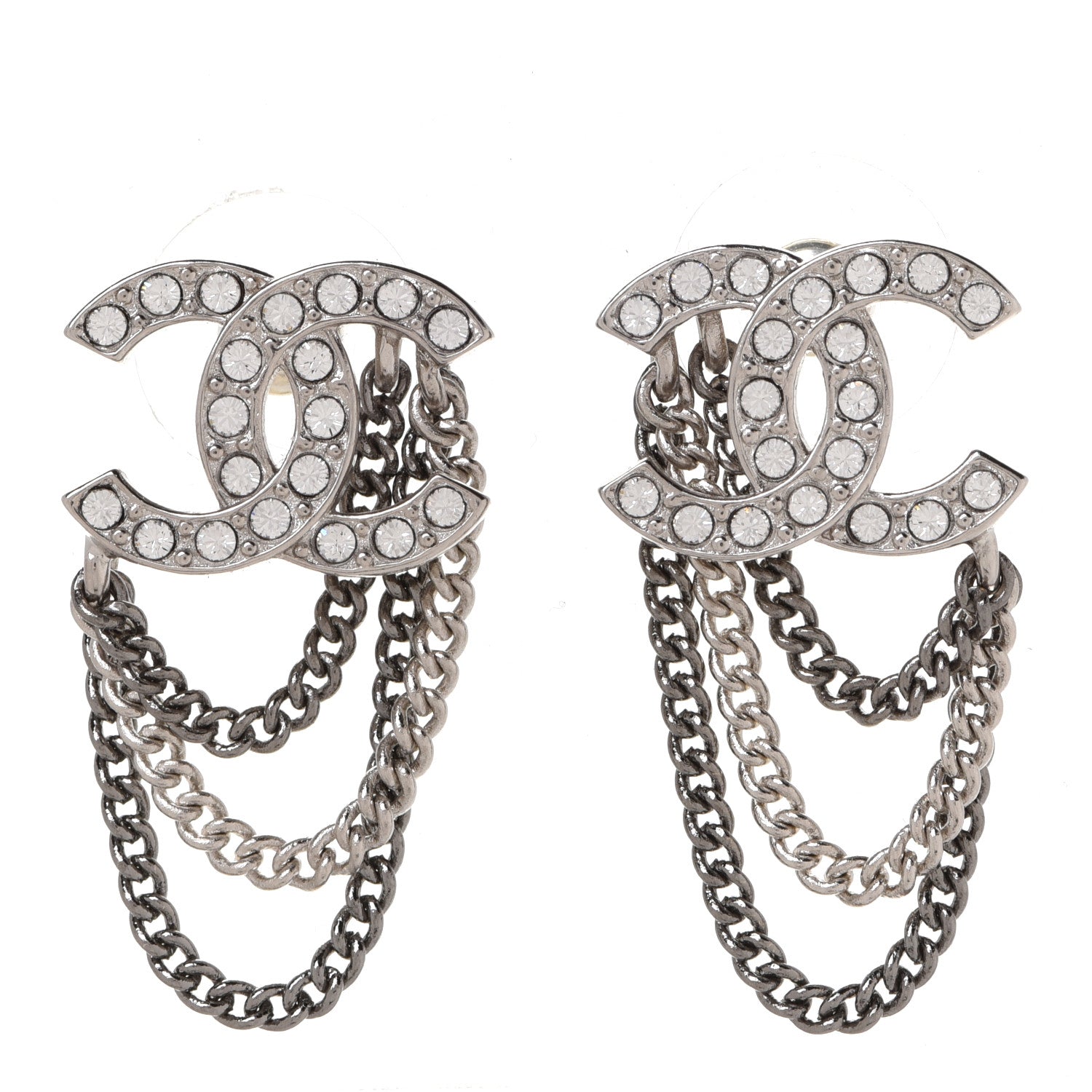 Chanel Crystal Chain CC Earrings Silver 1 of 5