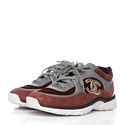Chanel Suede Velvet Lambskin CC Sneakers 40 Burgundy Grey 3 of 9