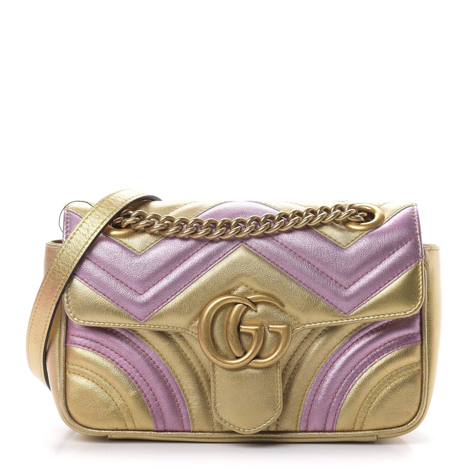 Gucci Metallic Calfskin Matelasse Mini GG Marmont Shoulder Bag Gold Pink 1 of 11