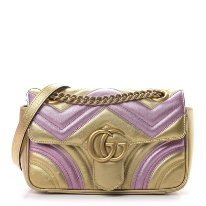 Gucci Metallic Calfskin Matelasse Mini GG Marmont Shoulder Bag Gold Pink 1 of 11