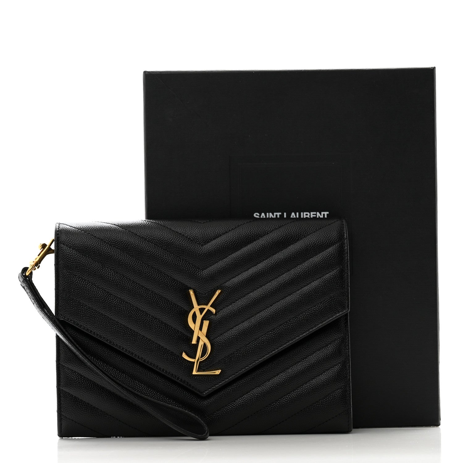 Saint Laurent Grain De Poudre Matelasse Chevron Monogram Envelope Clutch Black 9 of 9