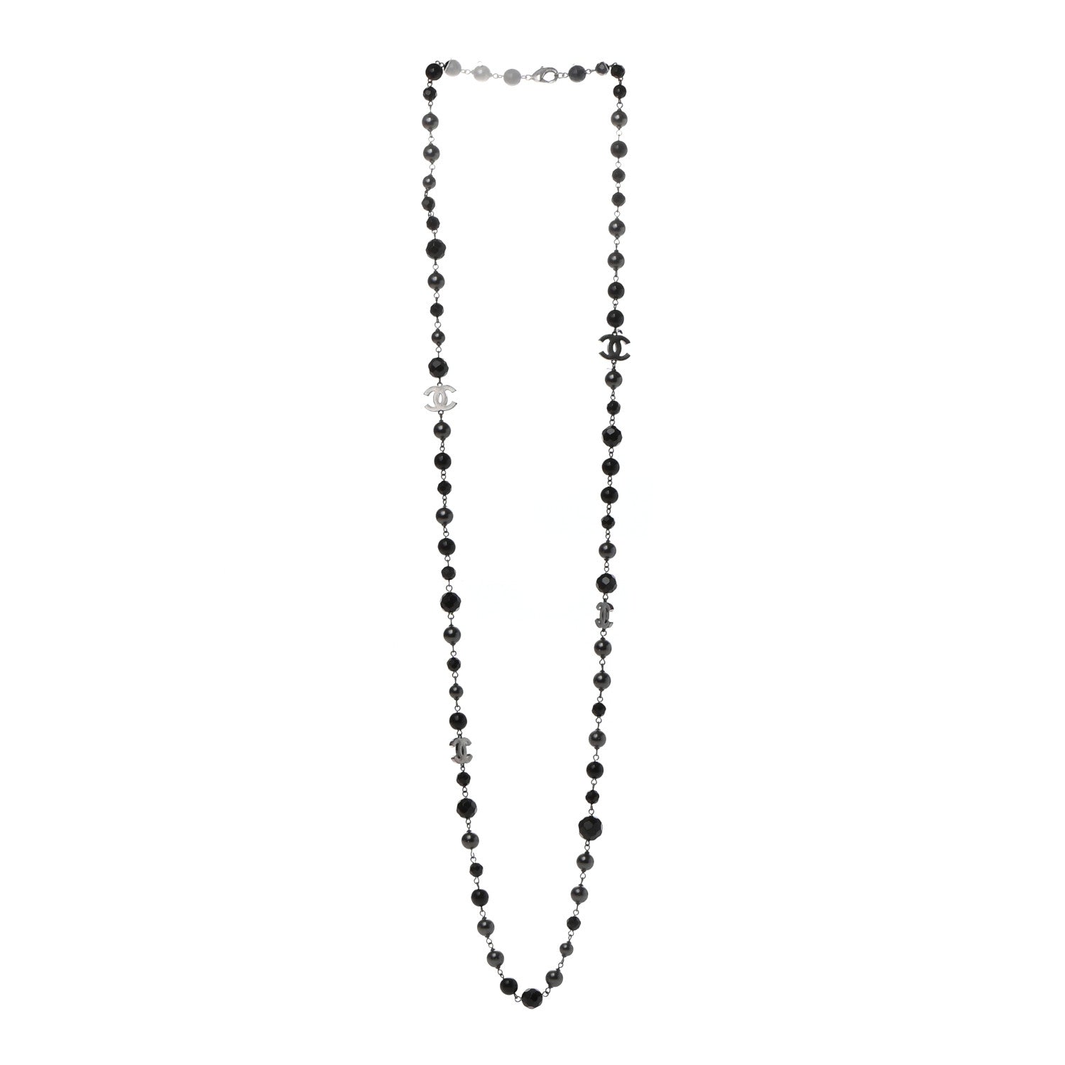 Chanel Pearl Beaded CC Long Necklace Silver Black 3 of 5