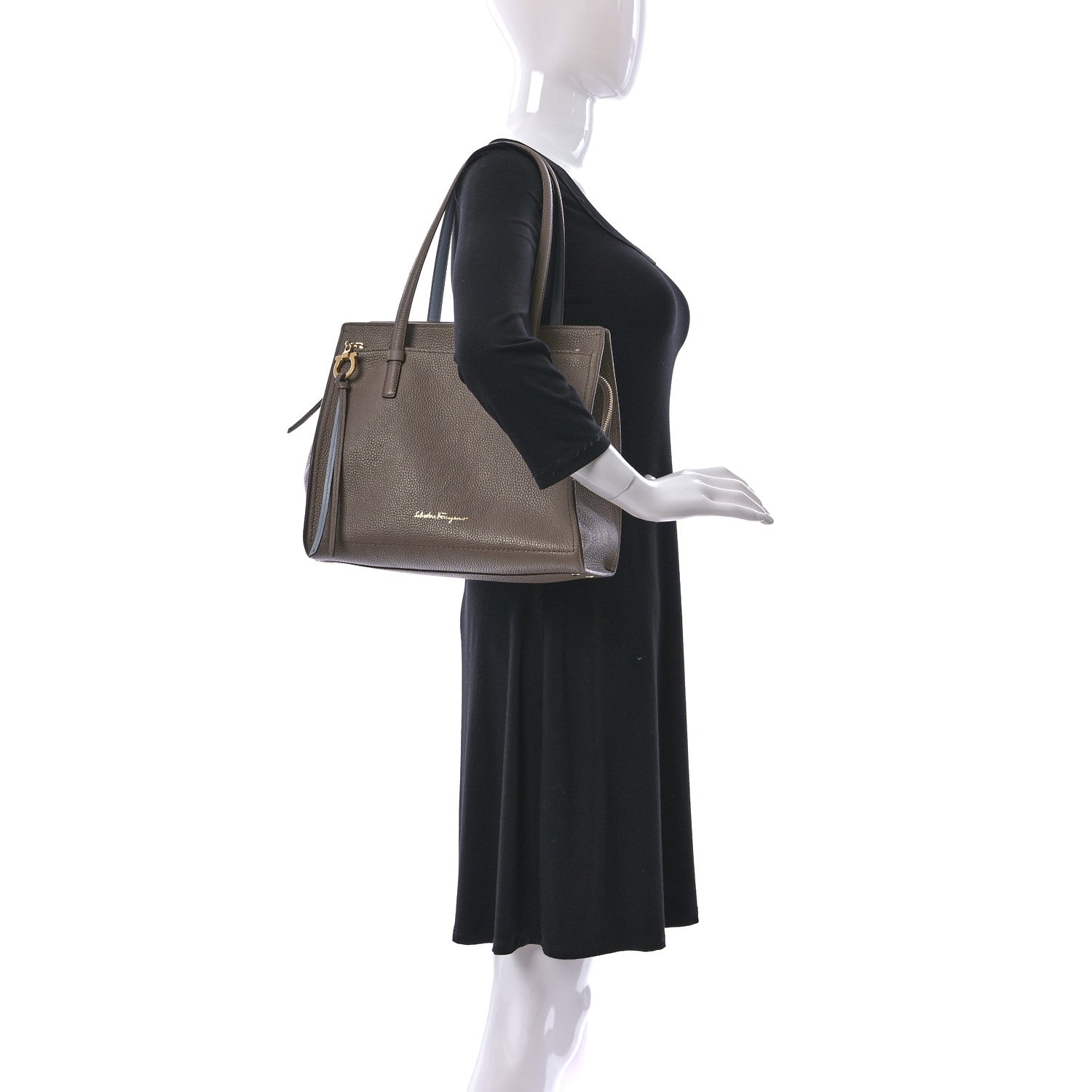Salvatore Ferragamo Hammered Calfskin Double Handle Medium Amy Tote Fango Blue Haze 2 of 8