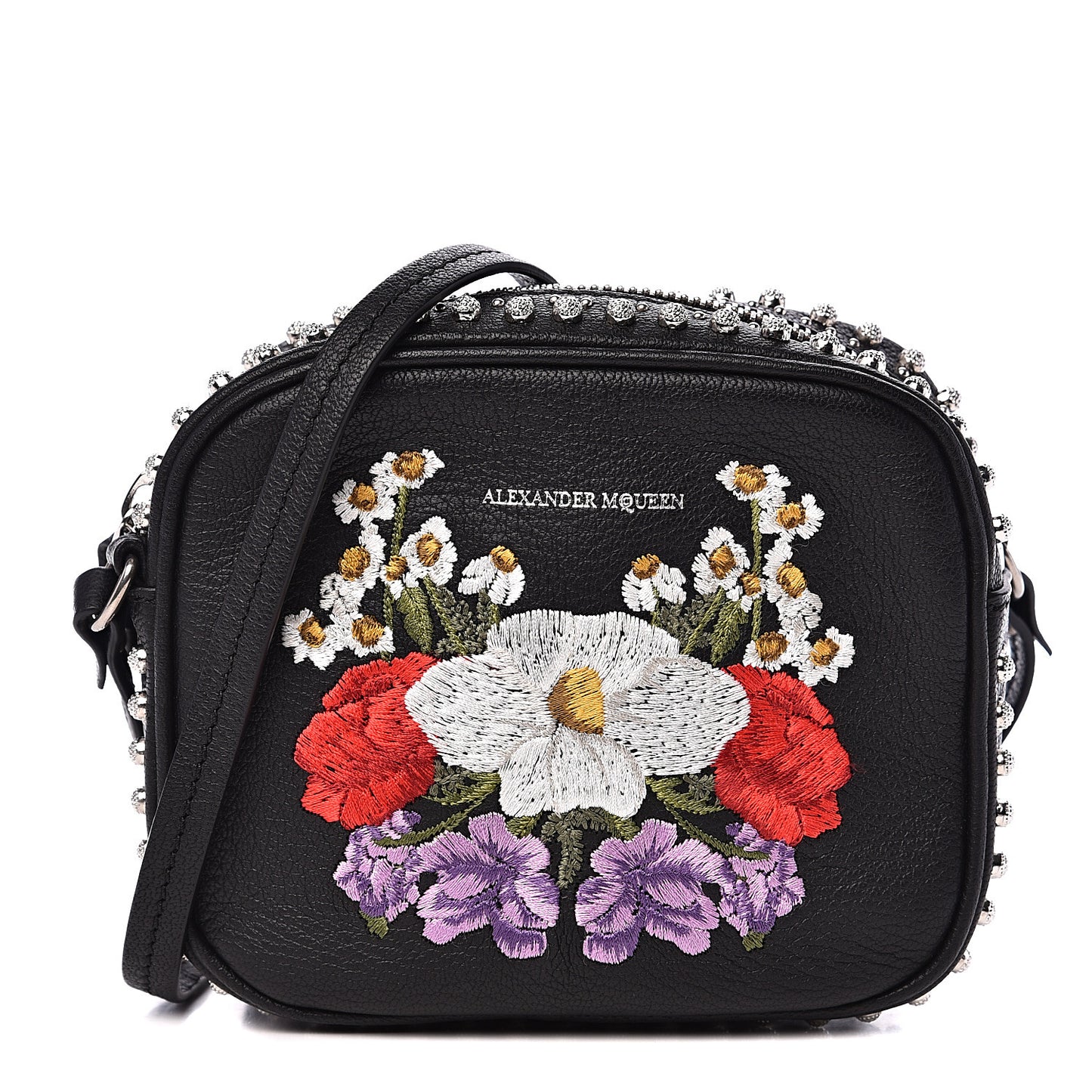 Calfskin Studded Embroidered Mini Camera Bag Black