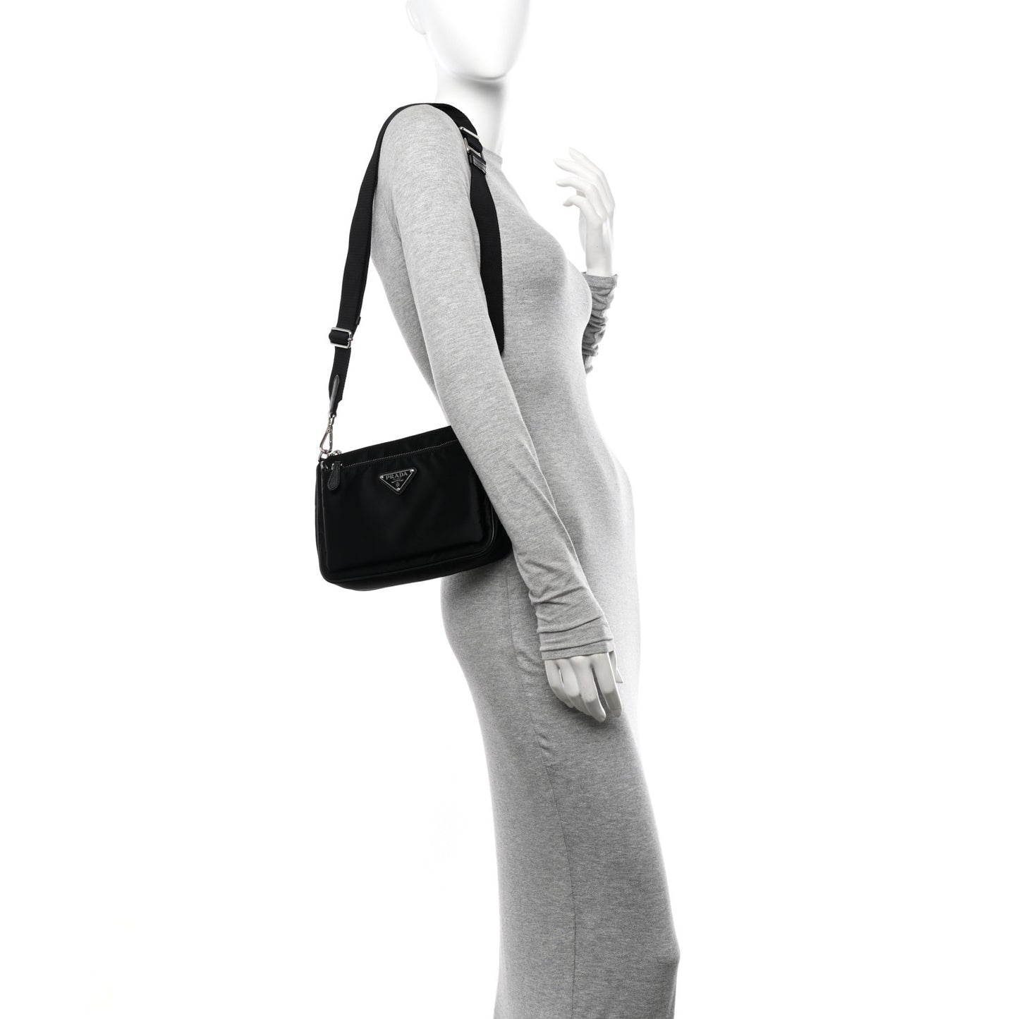 Re-Nylon Saffiano Double Pouch Shoulder Bag Black