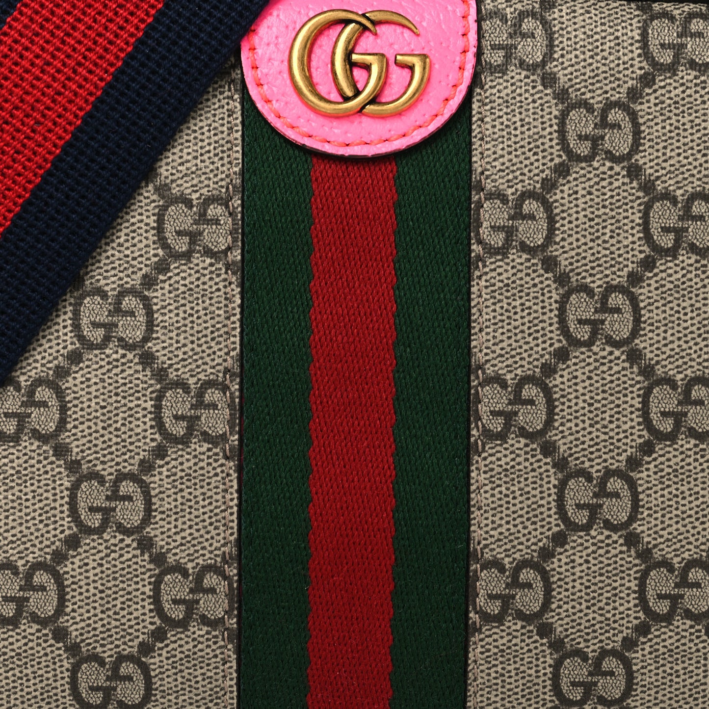 GG Supreme Monogram Textured Dollar Calfskin Web Ophidia Wristlet Shoulder Bag Beige Ebony Fuchsia