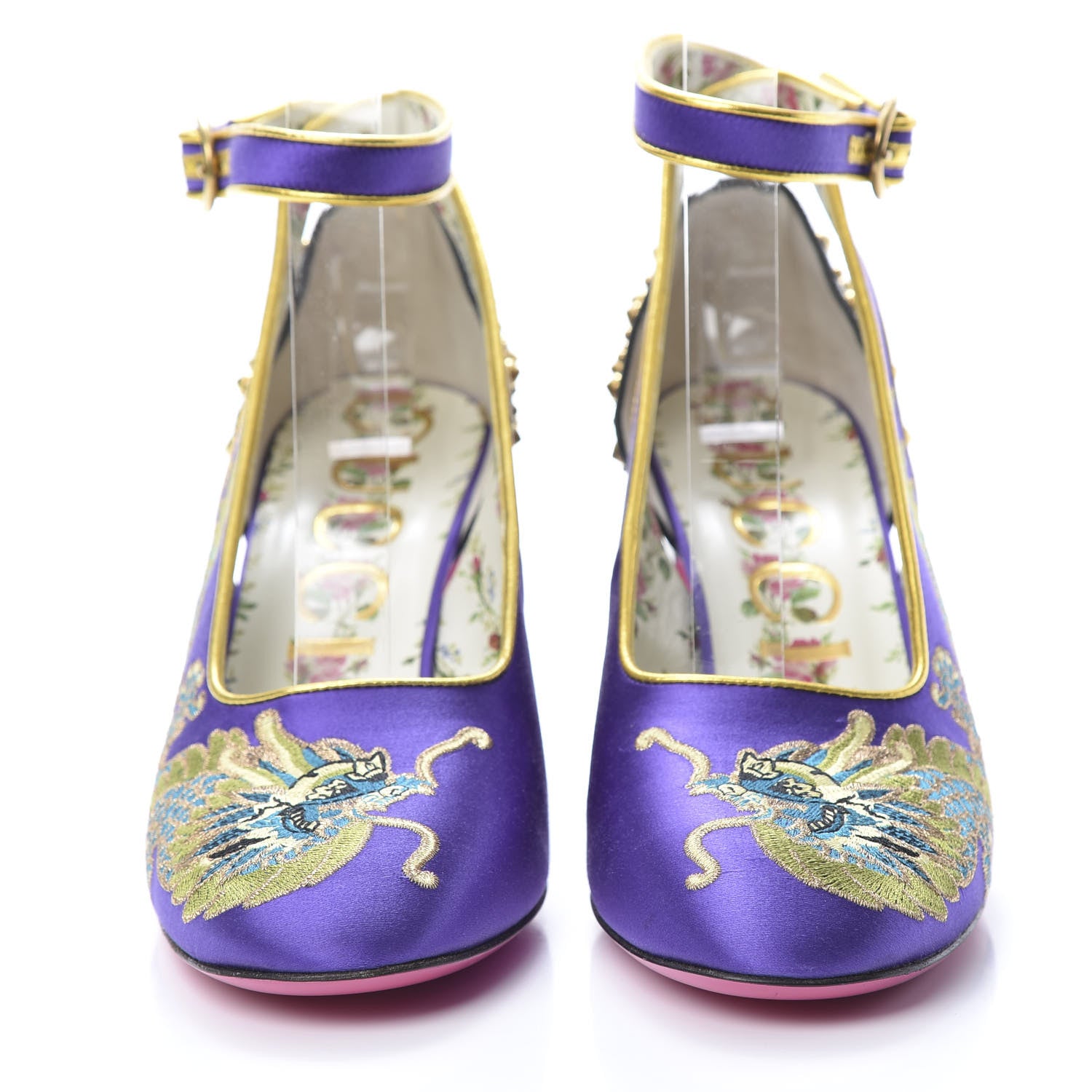 Gucci Satin Embroidered Dragon Caspar Pumps 38 Purple Oro Vecchio Black 2 of 13