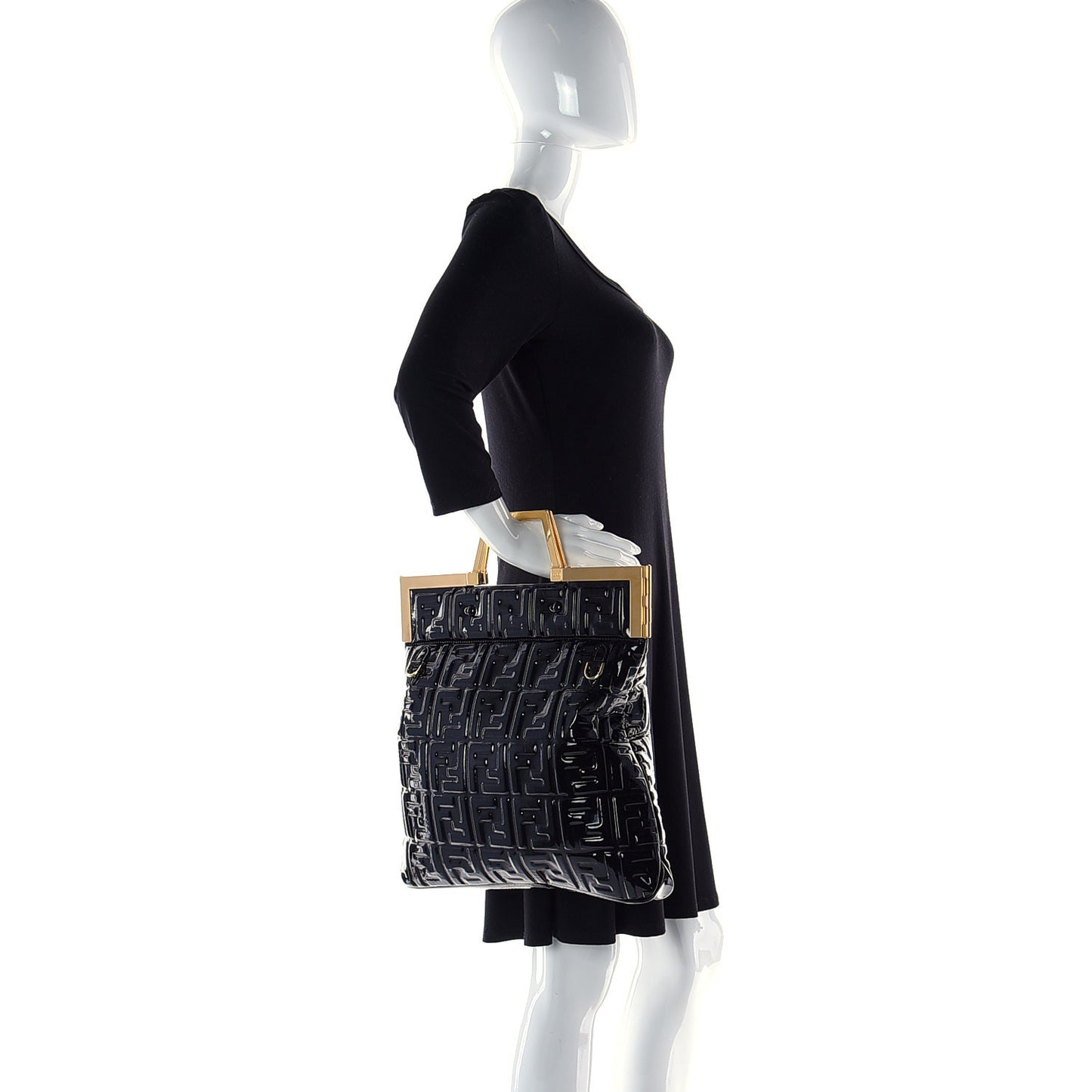 Patent FF 1974 Embossed Medium Shopping Flap Bag Black