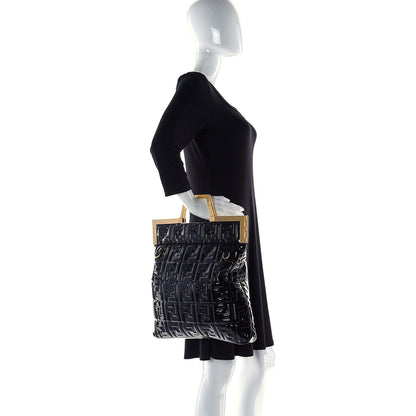 Fendi Patent FF 1974 Embossed Medium Shopping Flap Bag Black 2 of 8