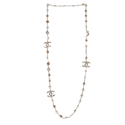 Chanel Pearl Bead Crystal CC Long Necklace Gold 3 of 4