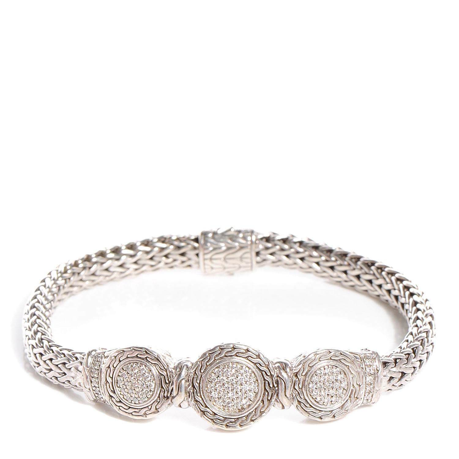 John Hardy Sterling Silver Pave Diamond Round Trio Station Bracelet Medium 1 of 5