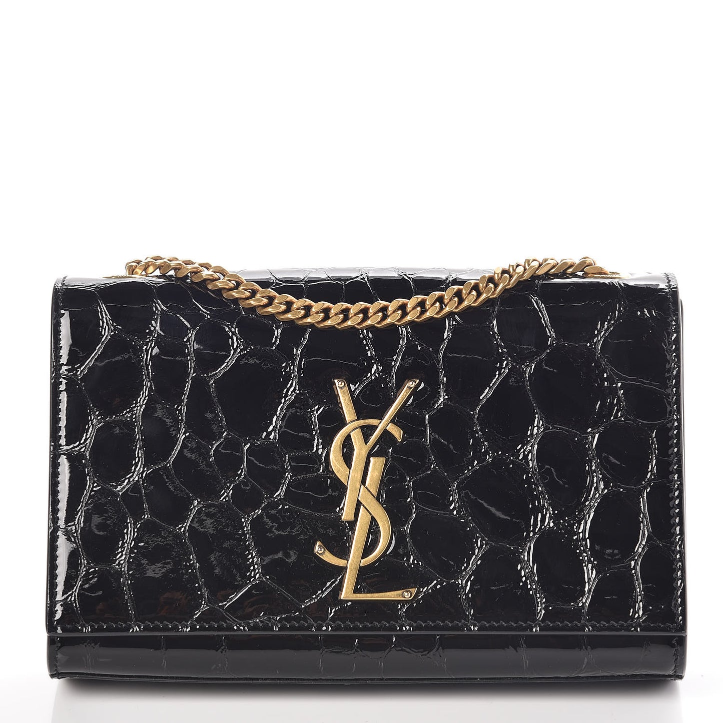 Patent Crocodile Embossed Small Classic Monogram Kate Satchel Black