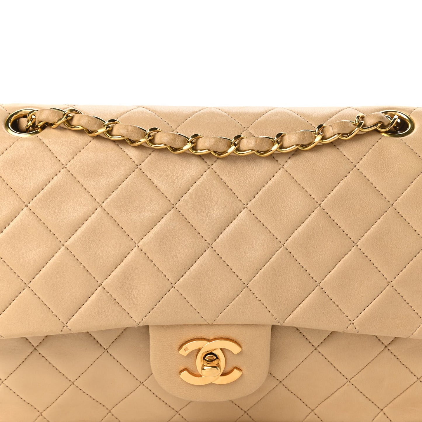 Lambskin Quilted Medium Double Flap Beige