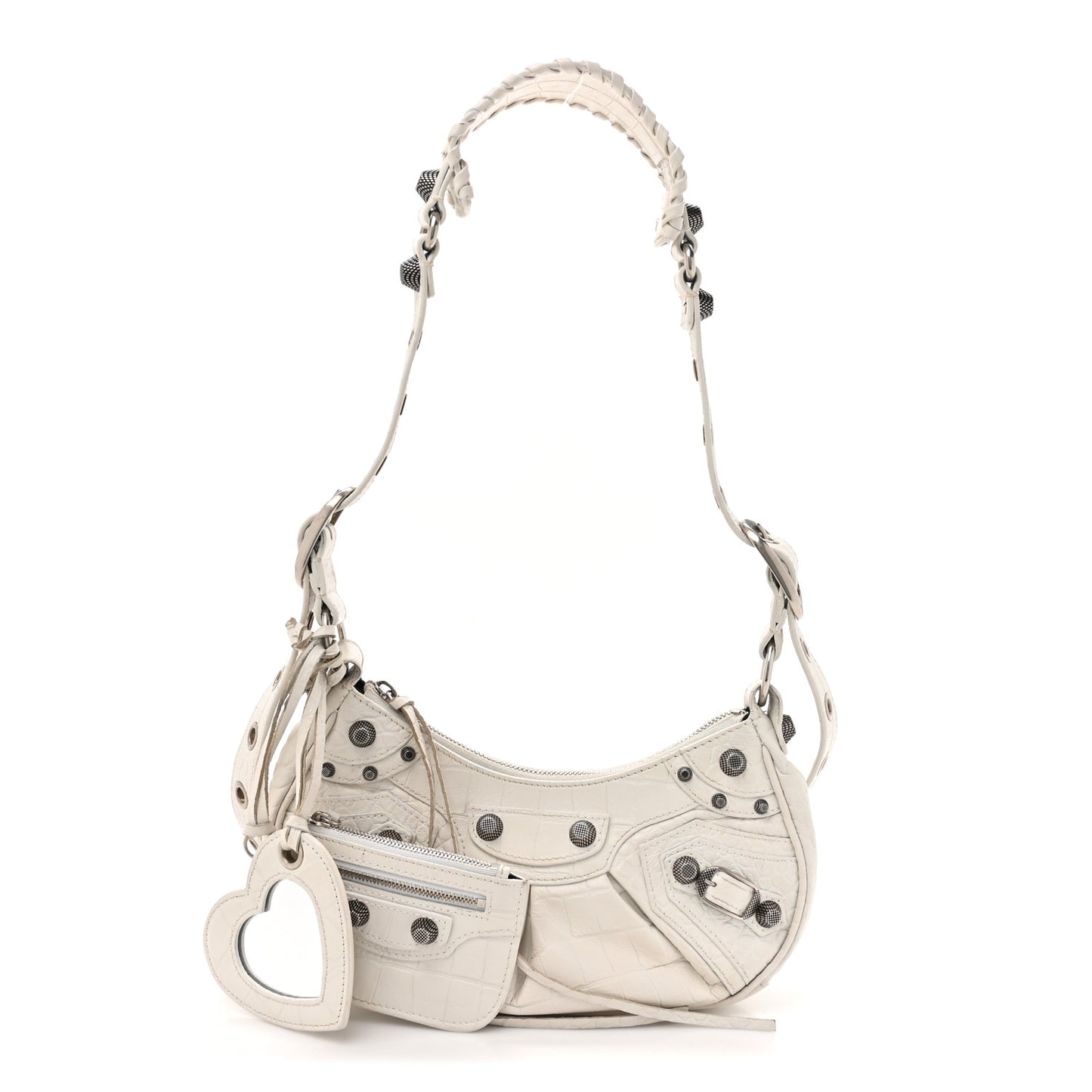 Extra Supple Calfskin Crocodile Embossed Le Cagole Shoulder Bag XS Optic White