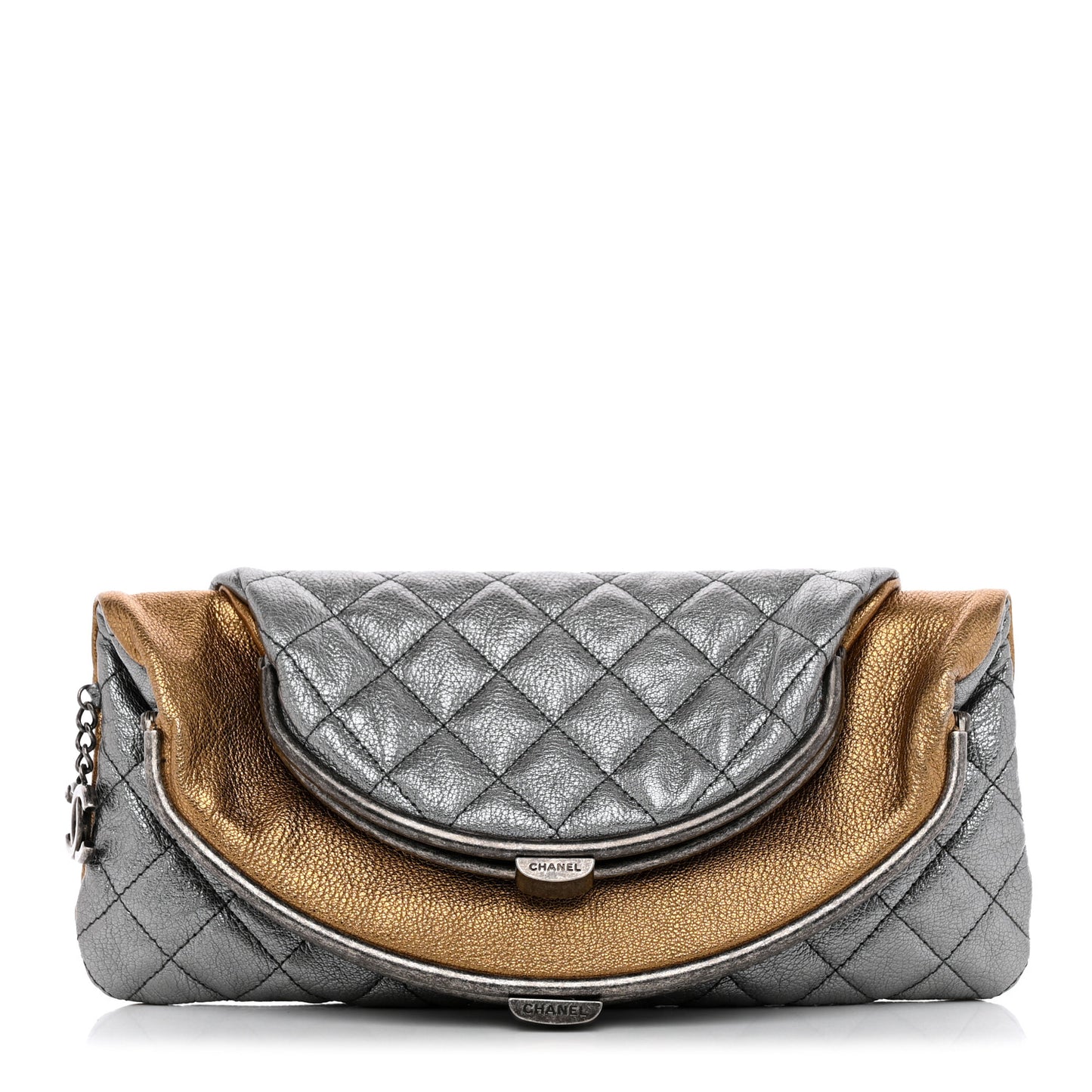 Metallic Goatskin Quilted Frame Clasp Flap Clutch Silver Gold