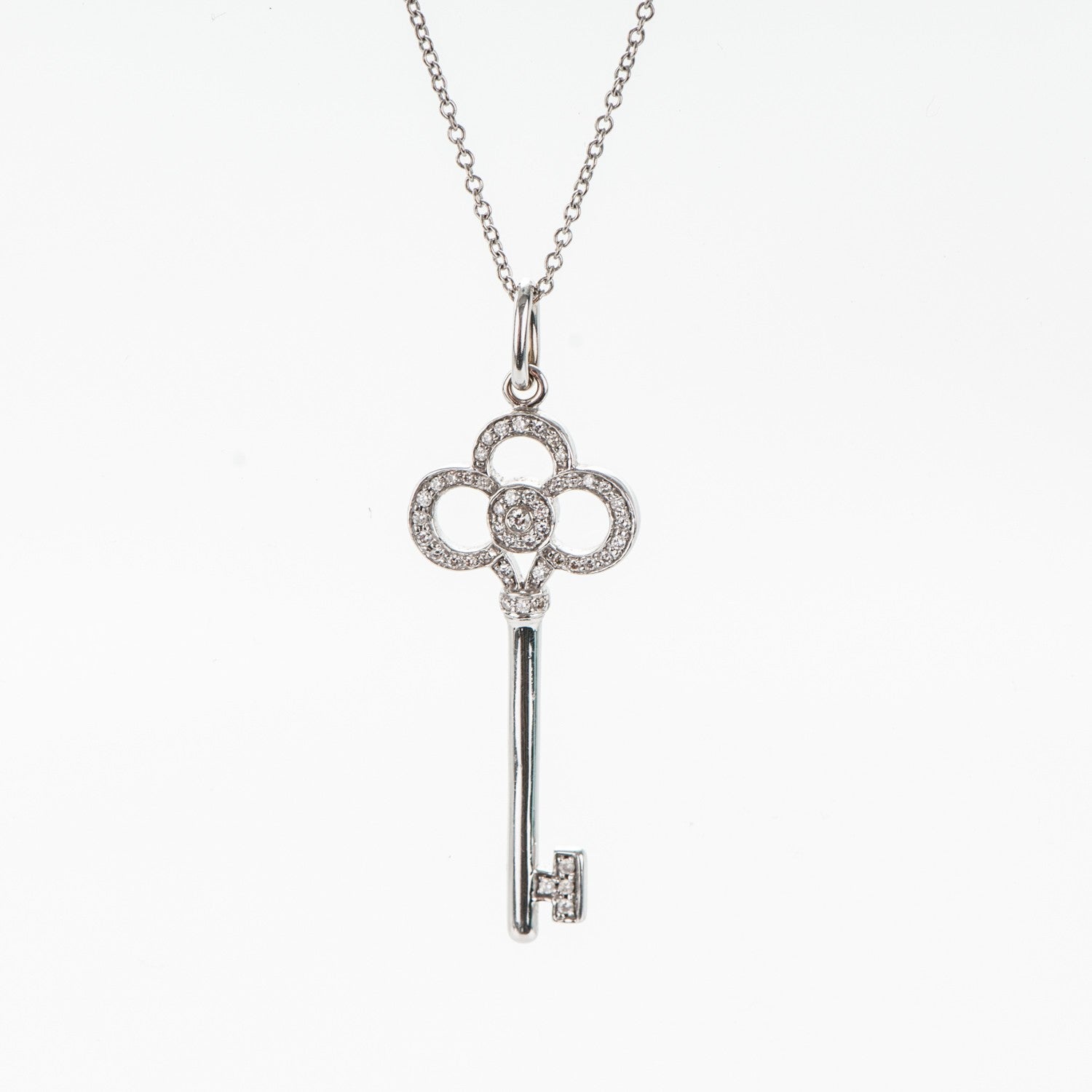 Tiffany 18K White Gold Diamond Crown Key Pendant Necklace 3 of 7