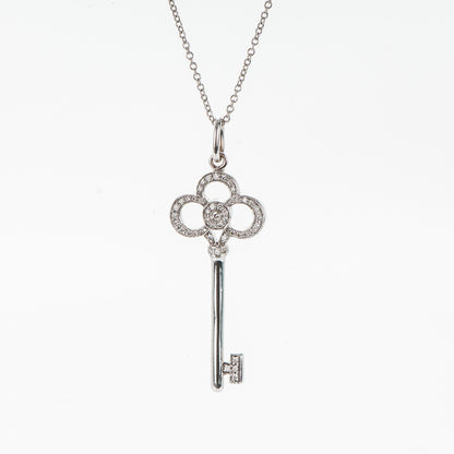 Tiffany 18K White Gold Diamond Crown Key Pendant Necklace 3 of 7
