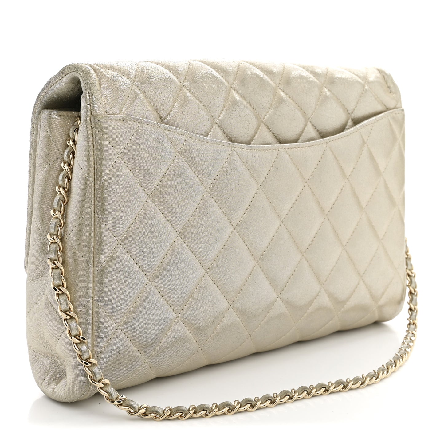 Iridescent Calfskin Quilted Clutch With Chain Flap Light Gold