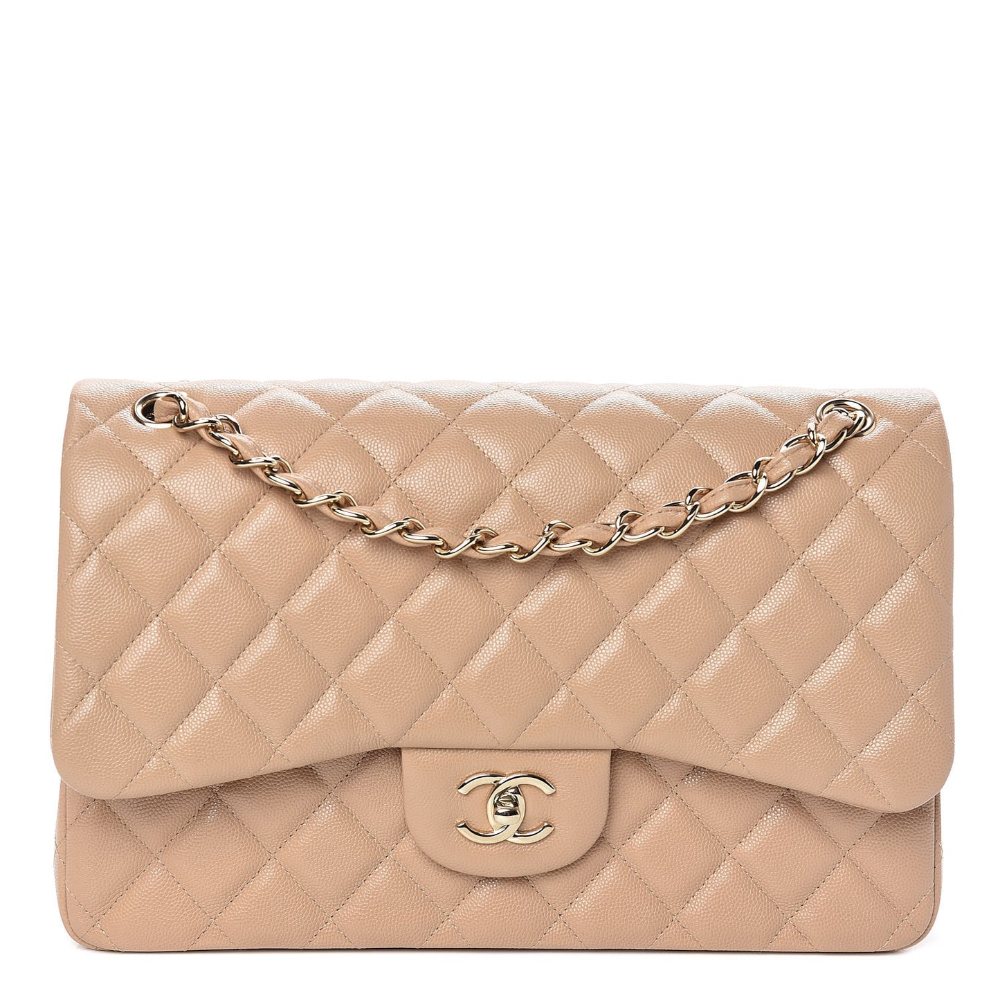 Caviar Quilted Jumbo Double Flap Beige