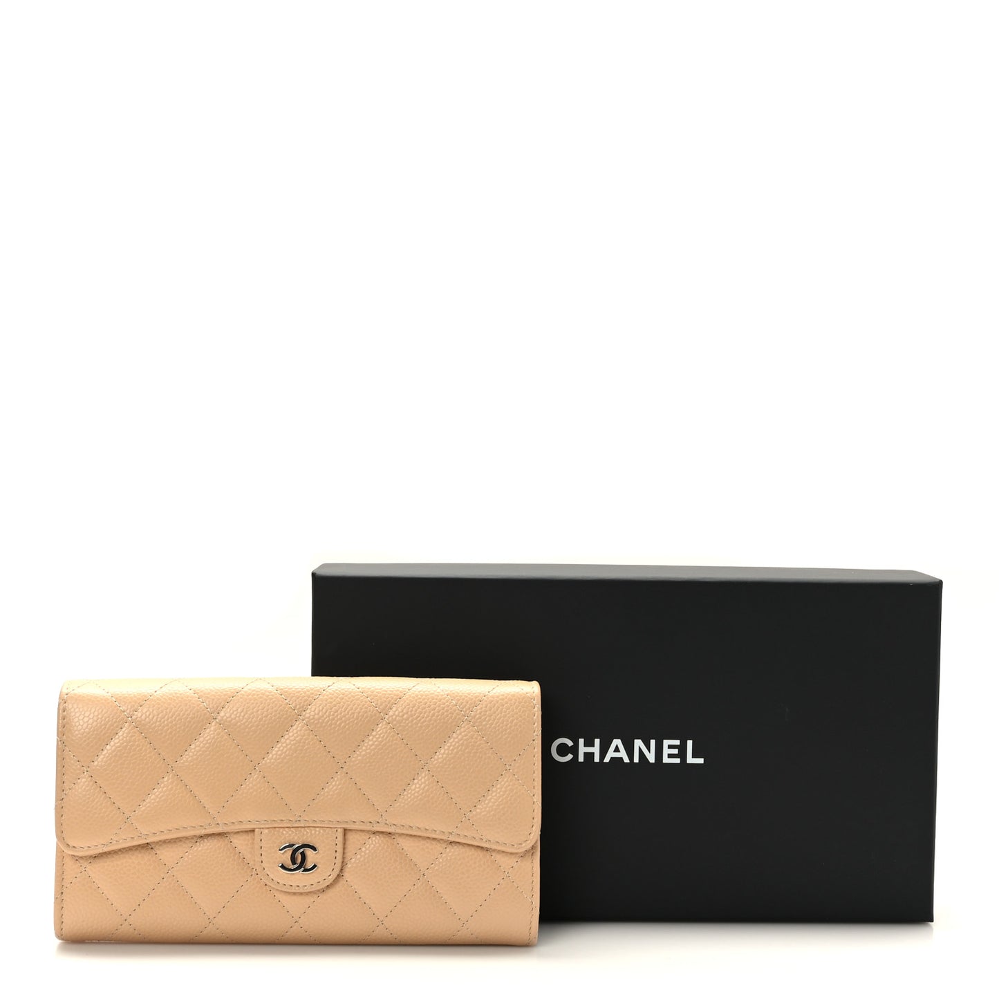 Caviar Quilted Large Gusset Flap Wallet Beige