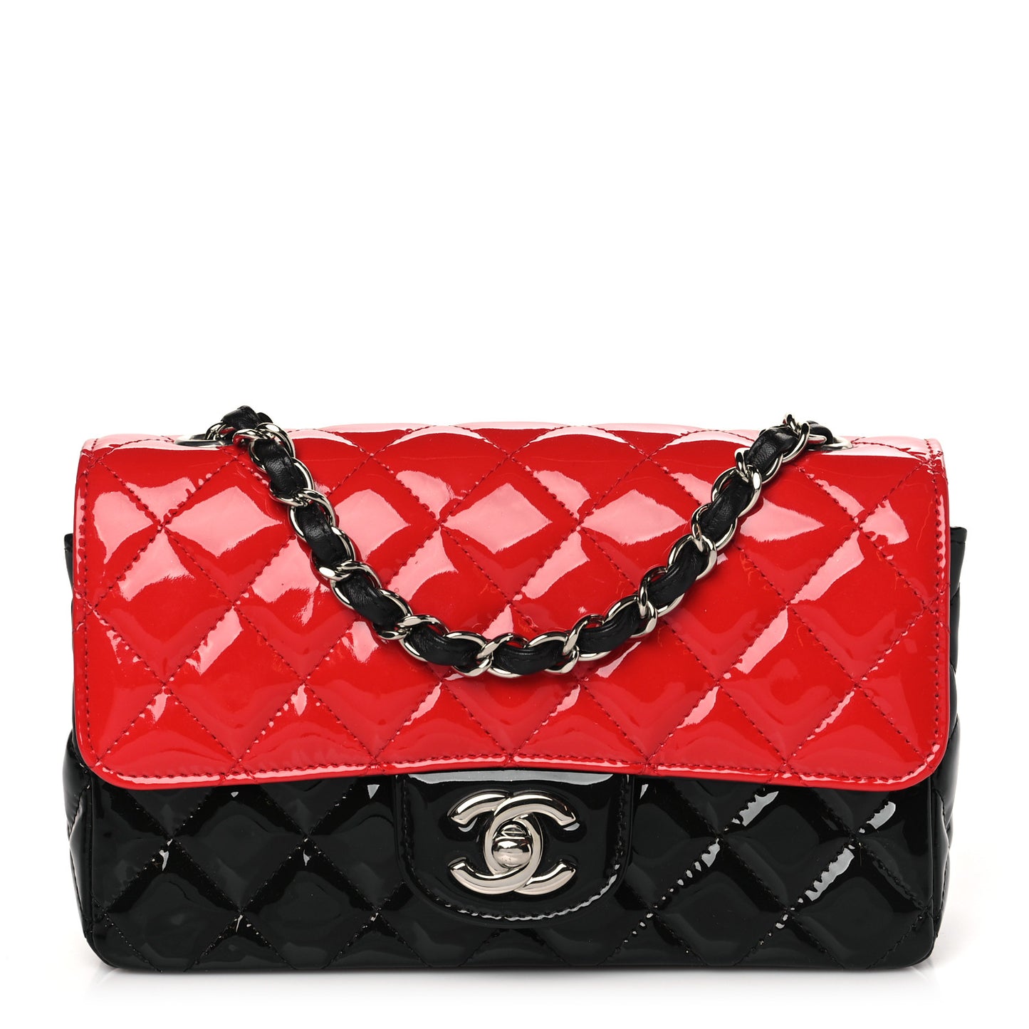 Patent Calfskin Quilted Bi-Color Mini Rectangular Flap Red Black