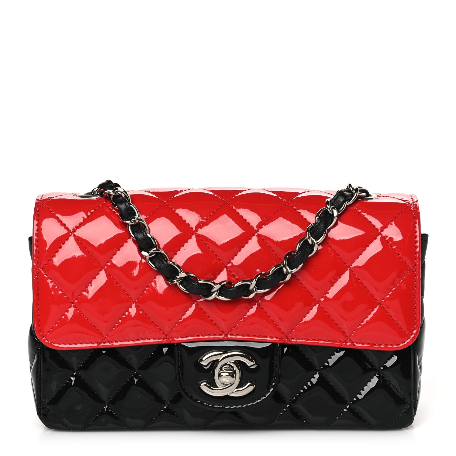Chanel Patent Calfskin Quilted Bi-Color Mini Rectangular Flap Red Black 1 of 10