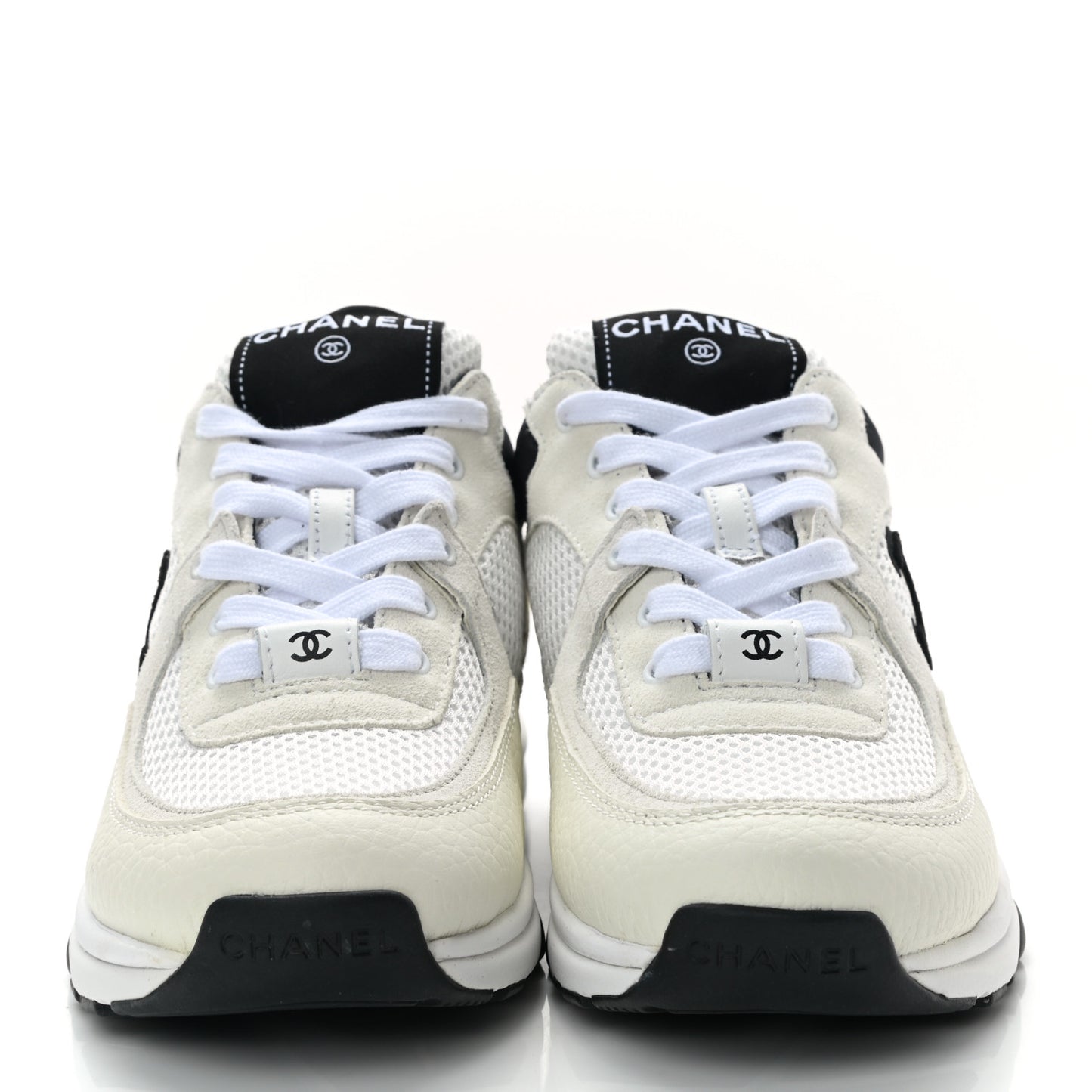 Mesh Suede Calfskin Grained Calfskin Womens CC Sneakers 35 White Black