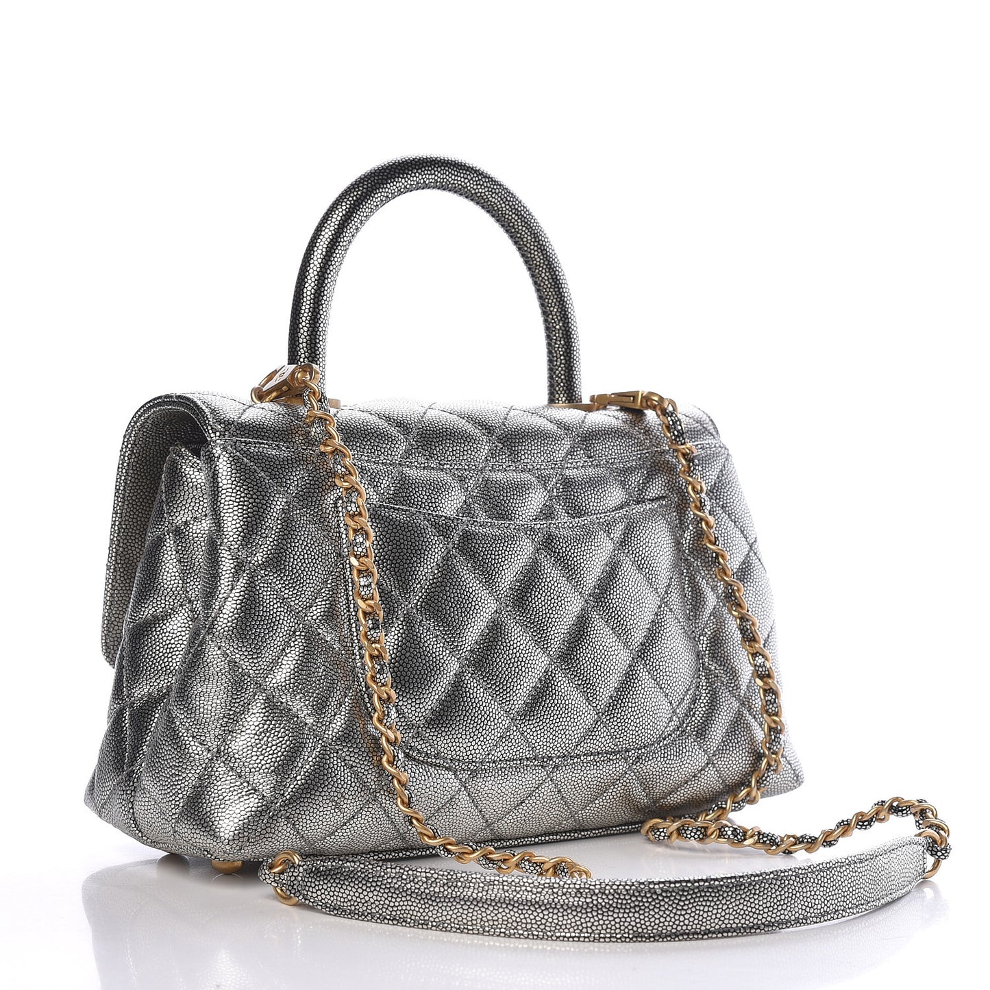 Metallic Caviar Quilted Mini Coco Handle Flap Silver