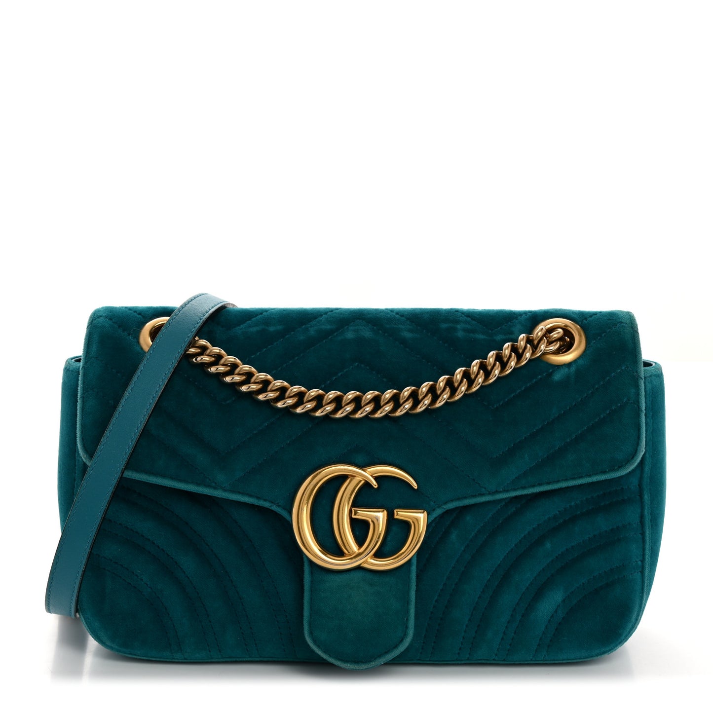 Velvet Matelasse Small GG Marmont Shoulder Bag Pavone Cyan