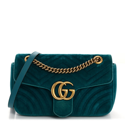 Gucci Velvet Matelasse Small GG Marmont Shoulder Bag Pavone Cyan 1 of 10