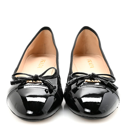 Prada Nappa Vernice Cap Toe Logo Bow Ballerina Flats 37.5 Black 3 of 9
