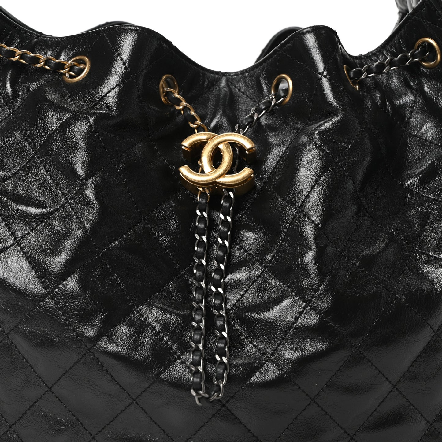 Shiny Crumpled Calfskin Quilted Medium Chanel 25 Handbag Black Black