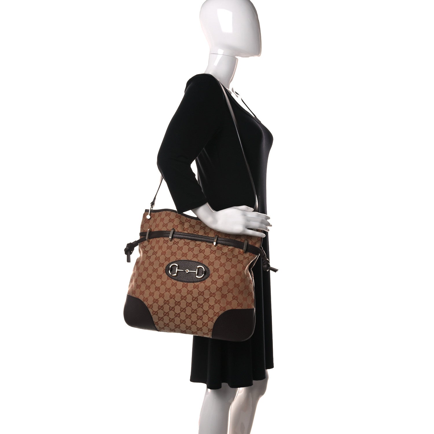 Gucci Monogram Textured Dollar Calfskin Horsebit 1955 Cinch Top Messenger Bag Beige Ebony Cocoa 2 of 11