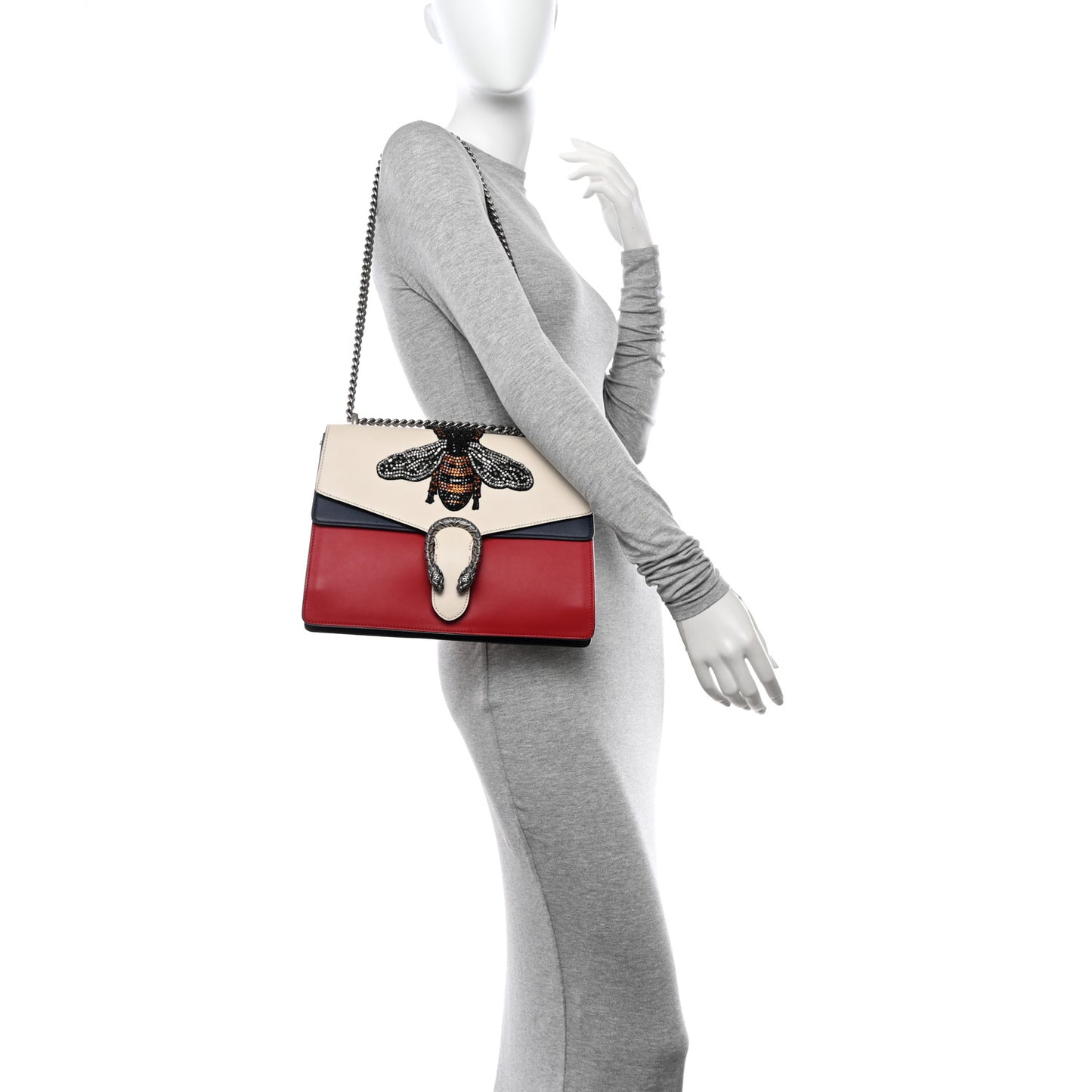 Calfskin Bee Embroidered Medium Dionysus Shoulder Bag White Blue Hibiscus Red