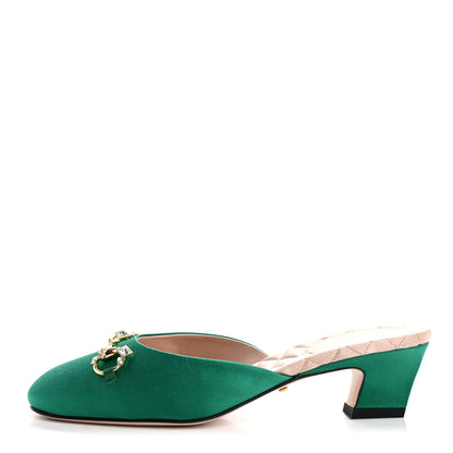 Gucci Silk Satin Crystal Embellished Horsebit Mules 36 Shamarock Emerald 1 of 9