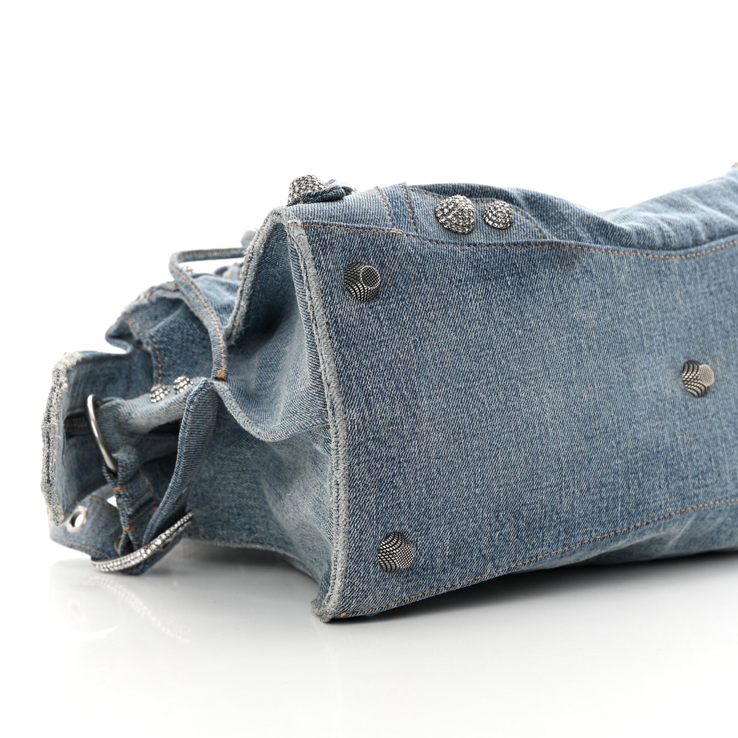 Washed Frayed Denim Crystal Neo Cagole City Handbag Blue