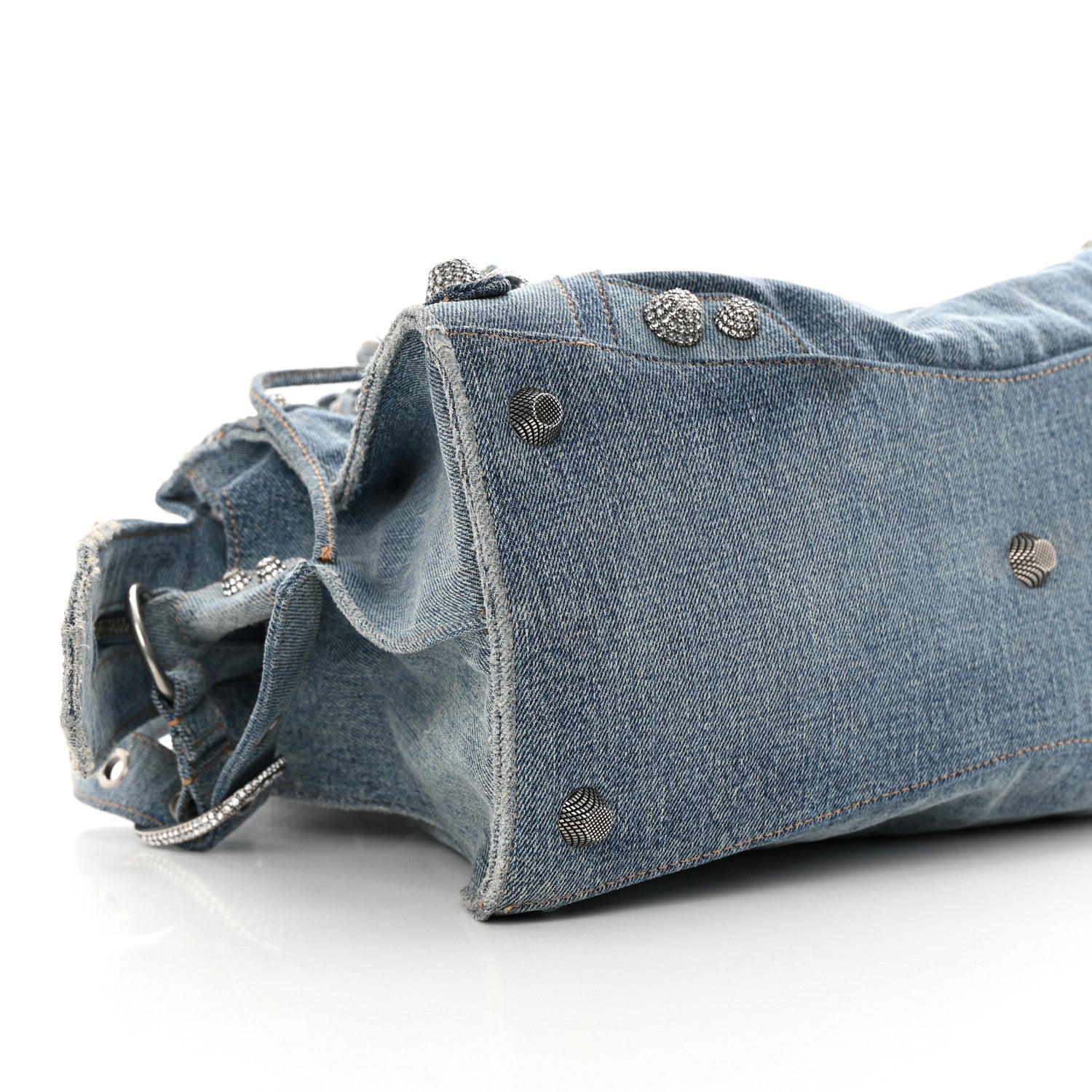 Balenciaga Washed Frayed Denim Crystal Neo Cagole City Handbag Blue 9 of 16