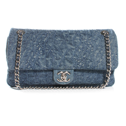 Chanel Denim Camellia Embroidered Large Flap Dark Blue 1 of 8