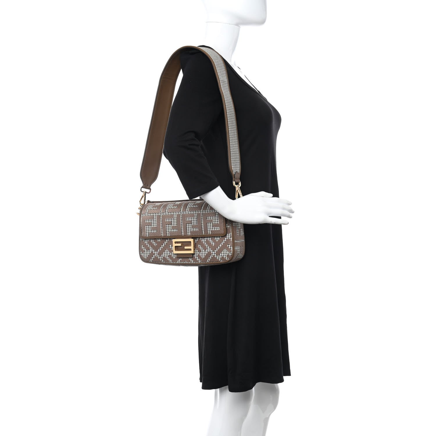 Fendi Wool Vitello King Houndstooth FF Embroidered Baguette Beige Moro 2 of 9