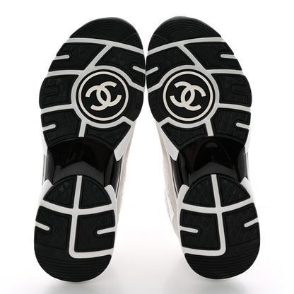 Chanel Painted Iridescent Cotton Tweed Suede Calfskin Womens CC Sneakers 37.5 White Silver Multicolor 5 of 13