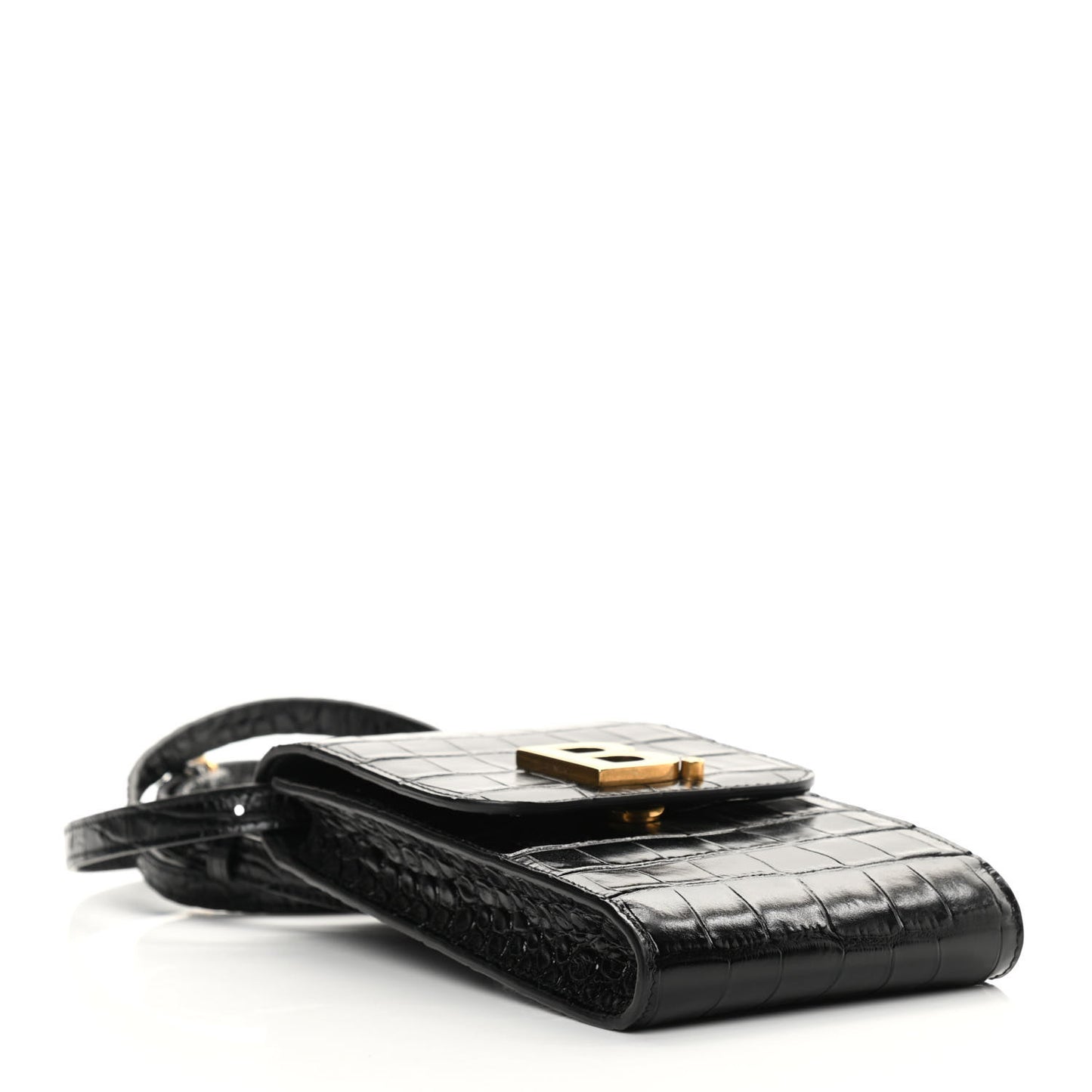 Shiny Calfskin Crocodile Embossed B Phone Holder Black
