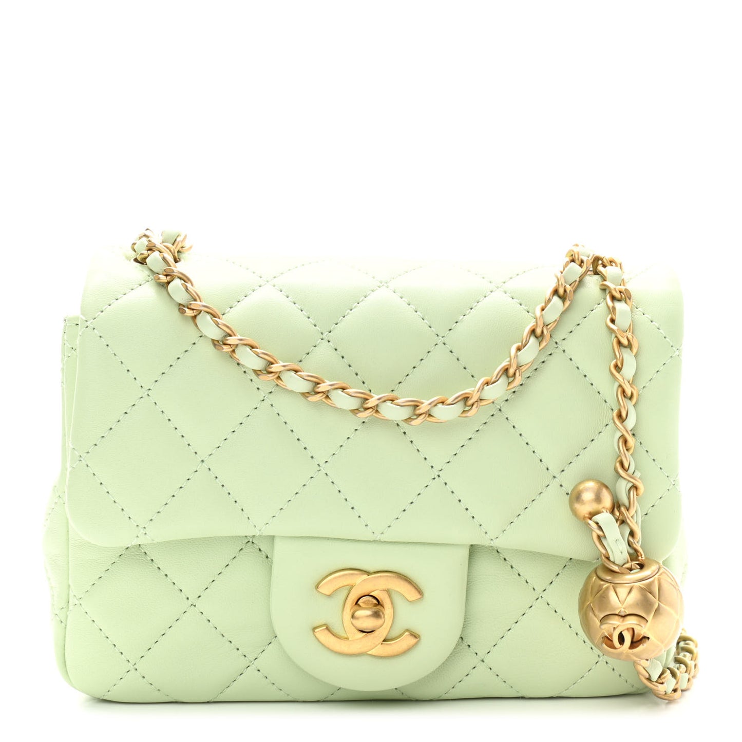 Lambskin Quilted Mini Pearl Crush Flap Light Green