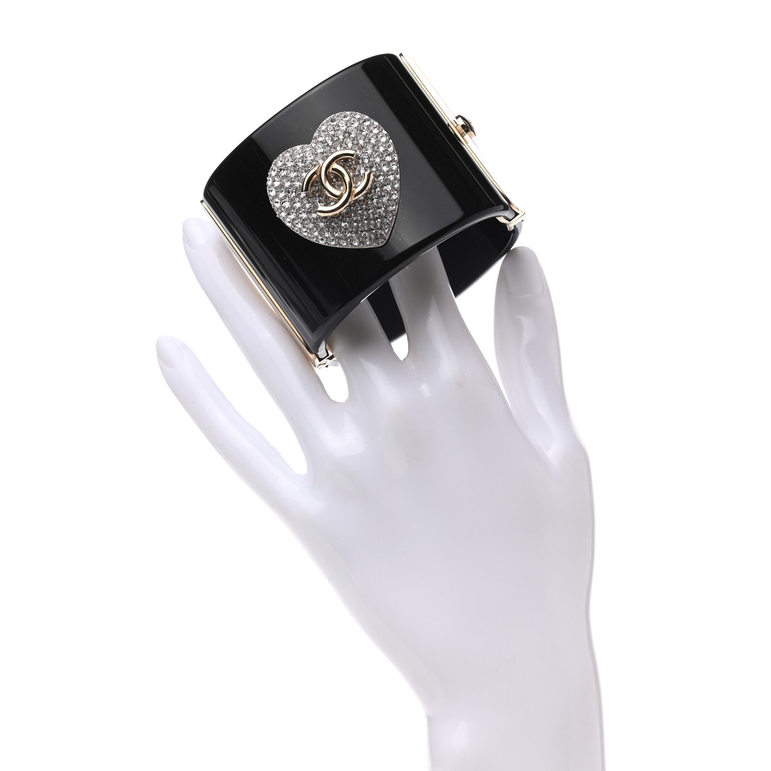 Chanel Resin Crystal Heart CC Cuff Bracelet Black 2 of 4