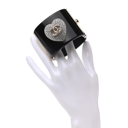 Chanel Resin Crystal Heart CC Cuff Bracelet Black 2 of 4