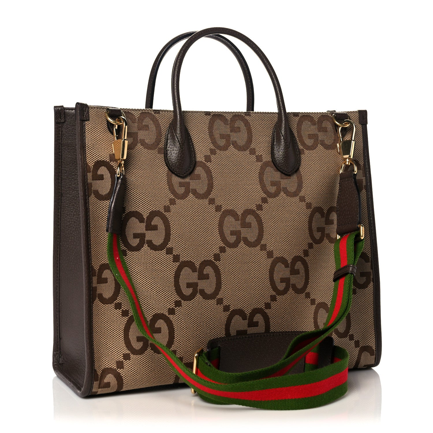 Gucci Monogram Jumbo GG Textured Dollar Calfskin Web Tote Bag Camel Ebony New Acero 2 of 9